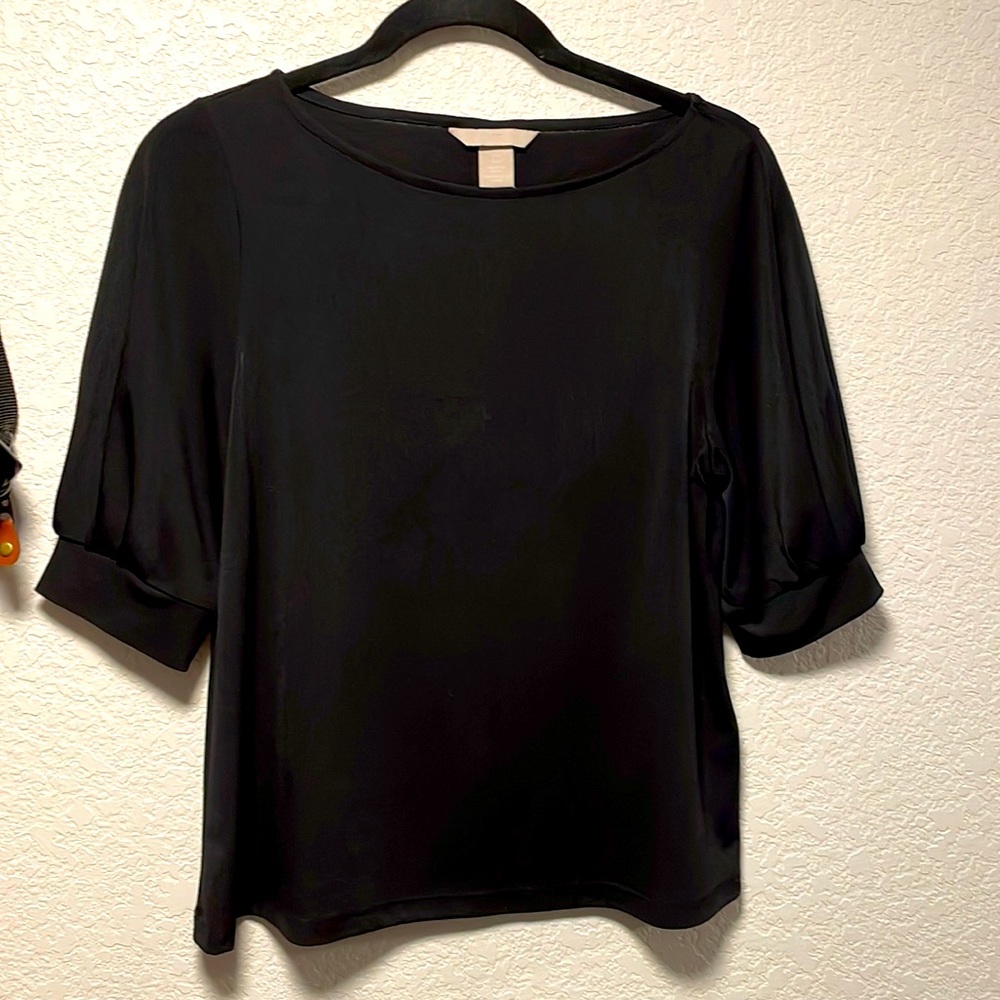 H & M Sz Sm black bubble sleeve blouse tee shirt slinky comfy 💋